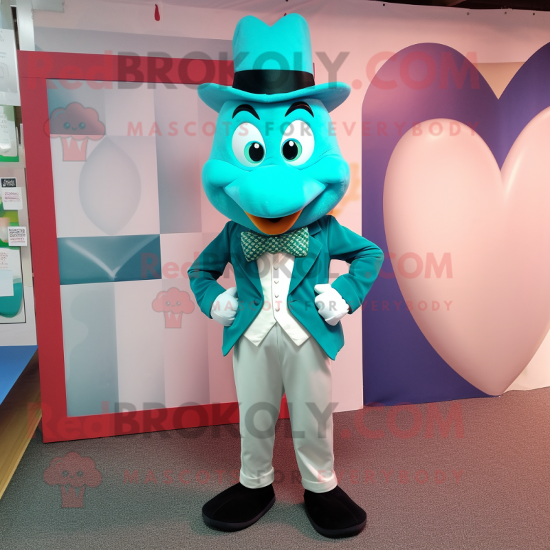 Teal Heart mascot costume character dressed with a Poplin Shirt and Bow ties Teal Heart mascot costume character dressed with a Poplin Shirt and Bow ties