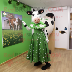 Forest Green Holstein Cow mascot costume character dressed with a Maxi Dress and Brooches
