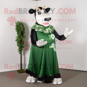 Forest Green Holstein Cow mascot costume character dressed with a Maxi Dress and Brooches