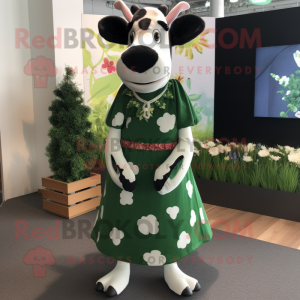 Forest Green Holstein Cow mascot costume character dressed with a Maxi Dress and Brooches