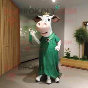 Forest Green Holstein Cow mascot costume character dressed with a Maxi Dress and Brooches