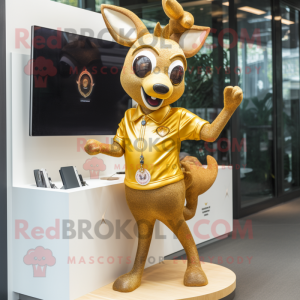 Gold Deer mascot costume character dressed with a Jeans and Brooches