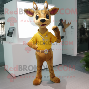 Gold Deer mascot costume character dressed with a Jeans and Brooches