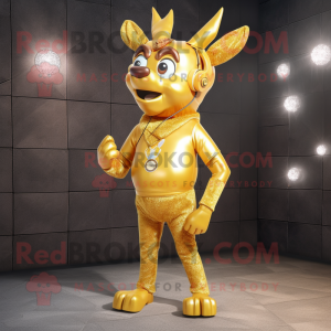 Gold Deer mascot costume character dressed with a Jeans and Brooches