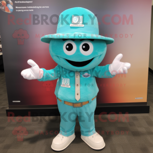 Turquoise Pho mascot costume character dressed with a Henley Tee and Hat pins