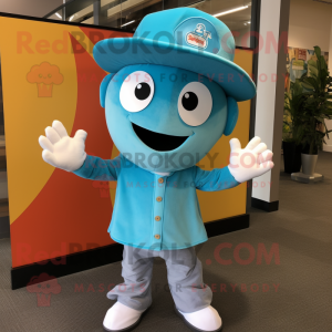 Turquoise Pho mascot costume character dressed with a Henley Tee and Hat pins