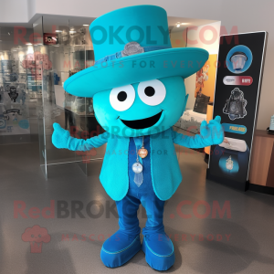 Turquoise Pho mascot costume character dressed with a Henley Tee and Hat pins