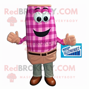 Pink Moussaka mascot costume character dressed with a Flannel Shirt and Tie pins