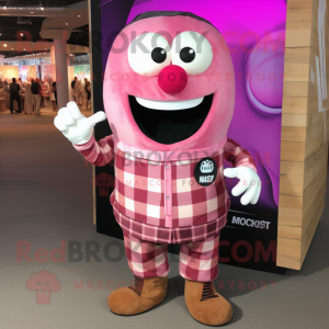 Pink Moussaka mascot costume character dressed with a Flannel Shirt and Tie pins