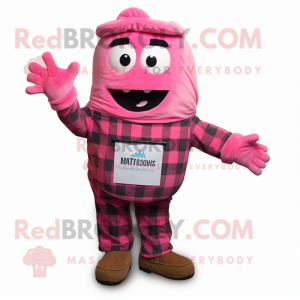 Pink Moussaka mascot costume character dressed with a Flannel Shirt and Tie pins