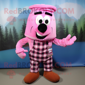 Pink Moussaka mascot costume character dressed with a Flannel Shirt and Tie pins