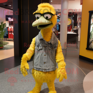 Yellow Emu mascot costume character dressed with a Skinny Jeans and Beanies