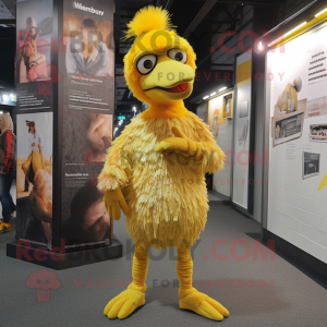 Yellow Emu mascot costume character dressed with a Skinny Jeans and Beanies