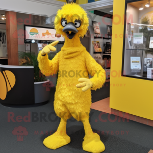 Yellow Emu mascot costume character dressed with a Skinny Jeans and Beanies