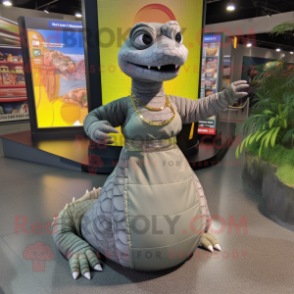 Gray Anaconda mascot costume character dressed with a Maxi Skirt and Bracelets