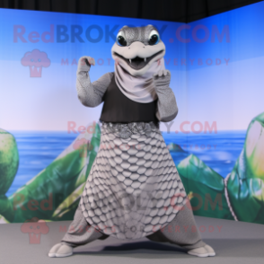 Gray Anaconda mascot costume character dressed with a Maxi Skirt and Bracelets