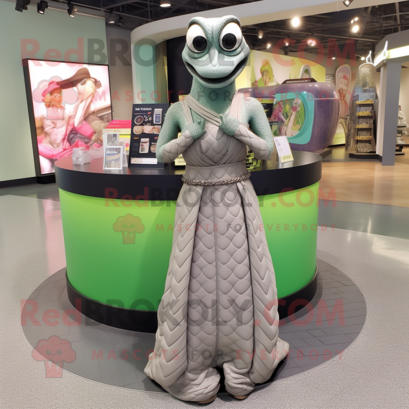 Gray Anaconda mascot costume character dressed with a Maxi Skirt and Bracelets