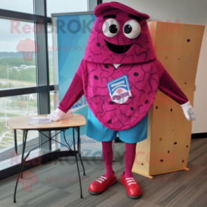 Magenta Pizza Slice mascot costume character dressed with a Bermuda Shorts and Tie pins