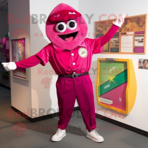 Magenta Pizza Slice mascot costume character dressed with a Bermuda Shorts and Tie pins