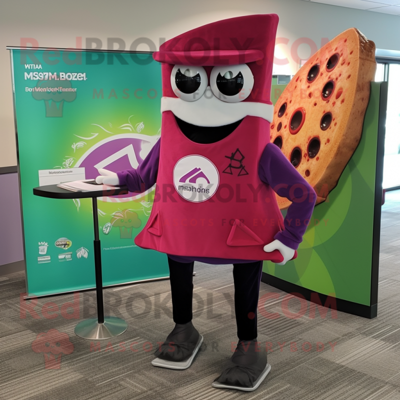 Magenta Pizza Slice mascot costume character dressed with a Bermuda Shorts and Tie pins Magenta Pizza Slice mascot costume character dressed with a Bermuda Shorts and Tie pins