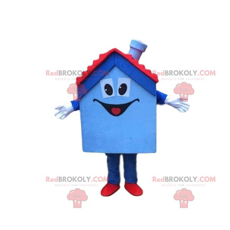 Maison bleue et rouge, mascotte de maison, d'habitation -