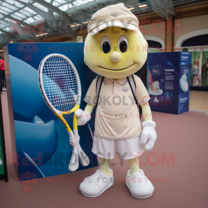Cream Tennis Racket mascot costume character dressed with a Oxford Shirt and Backpacks