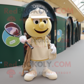 Cream Tennis Racket mascot costume character dressed with a Oxford Shirt and Backpacks