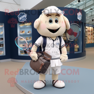 Cream Tennis Racket mascot costume character dressed with a Oxford Shirt and Backpacks