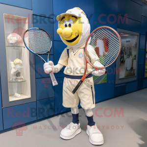 Cream Tennis Racket mascot costume character dressed with a Oxford Shirt and Backpacks