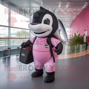 Pink Killer Whale mascot costume character dressed with a Cargo Shorts and Backpacks