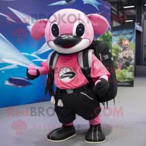 Pink Killer Whale mascot costume character dressed with a Cargo Shorts and Backpacks