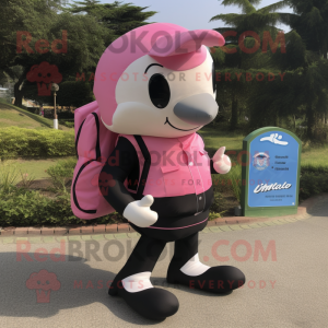 Pink Killer Whale mascot costume character dressed with a Cargo Shorts and Backpacks