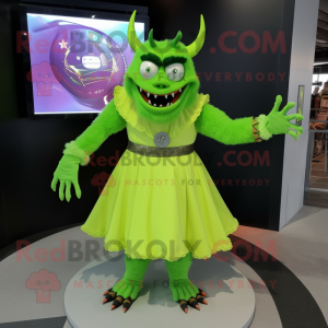 Lime Green Demon mascot costume character dressed with a A-Line Skirt and Bracelets