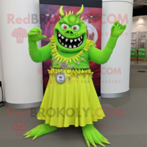 Lime Green Demon mascot costume character dressed with a A-Line Skirt and Bracelets