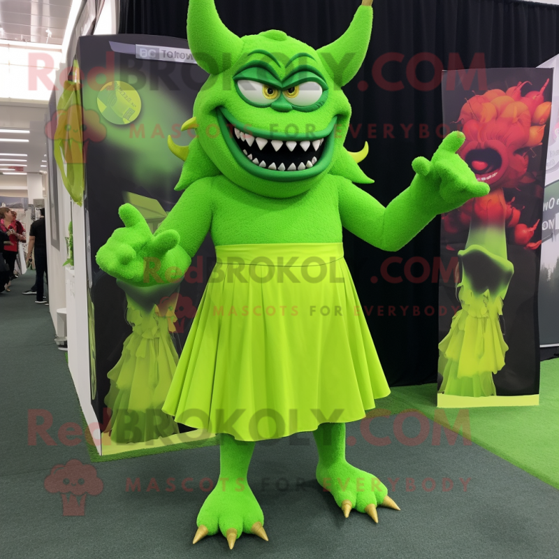 Lime Green Demon mascot costume character dressed with a A-Line Skirt and Bracelets