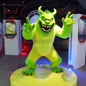 Lime Green Demon mascot costume character dressed with a A-Line Skirt and Bracelets