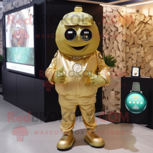 Gold Falafel mascot costume character dressed with a Jacket and Digital watches