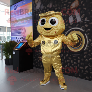 Gold Falafel mascot costume character dressed with a Jacket and Digital watches