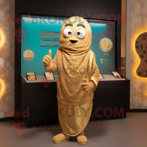 Gold Falafel mascot costume character dressed with a Jacket and Digital watches