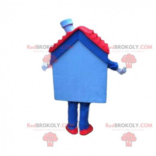 Maison bleue et rouge, mascotte de maison, d'habitation -