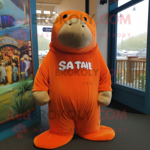 Orange Stellar'S Sea Cow mascot costume character dressed with a Cover-up and Tie pins