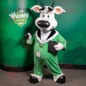 Green Holstein Cow mascot costume character dressed with a V-Neck Tee and Wallets
