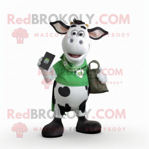 Green Holstein Cow mascot costume character dressed with a V-Neck Tee and Wallets