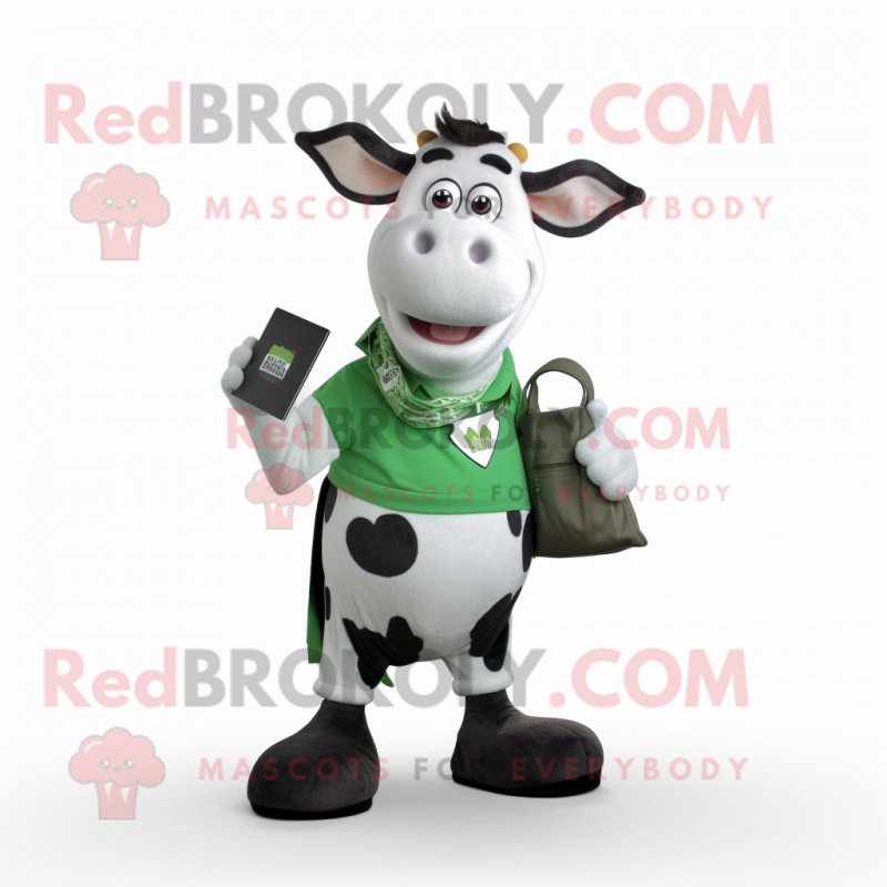 Green Holstein Cow mascot costume character dressed with a V-Neck Tee and Wallets Green Holstein Cow mascot costume character dressed with a V-Neck Tee and Wallets