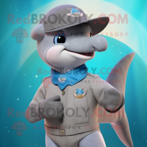 Gray Dolphin mascot costume character dressed with a Vest and Rings
