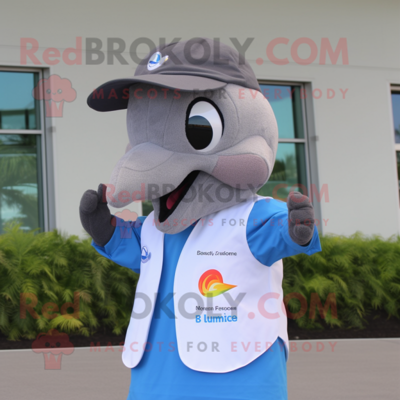 Gray Dolphin mascot costume character dressed with a Vest and Rings