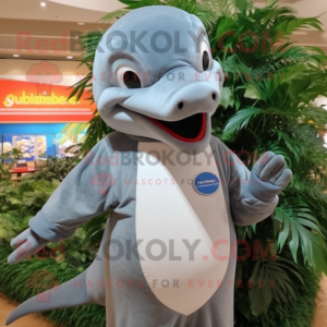 Gray Dolphin mascot costume character dressed with a Vest and Rings