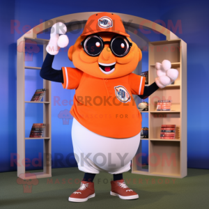 Orange Horseshoe mascot costume character dressed with a Baseball Tee and Reading glasses