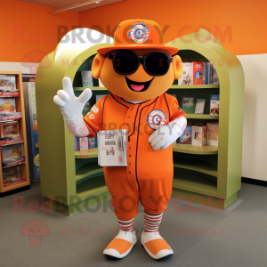 Orange Horseshoe mascot costume character dressed with a Baseball Tee and Reading glasses
