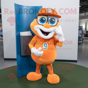 Orange Horseshoe mascot costume character dressed with a Baseball Tee and Reading glasses